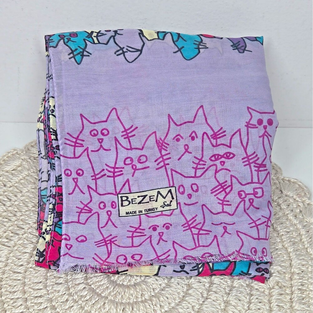 Bezem Sal Long Purple CAT Lady Scarf 29 x 68 Turkish Cotton Pashmina Wrap Kitty